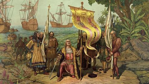 Representación del desembarco de Colón en Guanahani Representación del desembarco de Colón en Guanahani