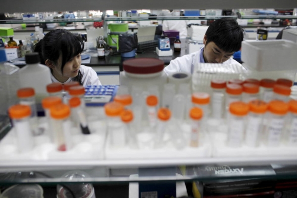 Dos investigadores preparan un medicamento en un laboratorio de la Universidad de Nanjing, en abril de 2011. 