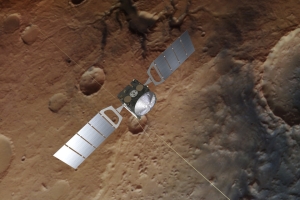 Impresión artística de Mars Express, con una imagen de Marte detrás tomada por la cámara estéreo de alta resolución de la nave espacial
