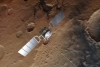 Impresión artística de Mars Express, con una imagen de Marte detrás tomada por la cámara estéreo de alta resolución de la nave espacial