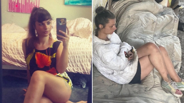 Foto de Hannah Almond publicada en redes sociales y una reciente tomada debajo de un puente en Cusco, Perú.