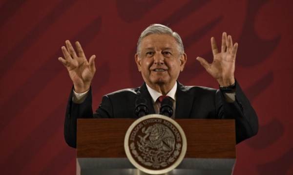 El presidente López Obrador en su conferencia de prensa en Palacio Nacional.