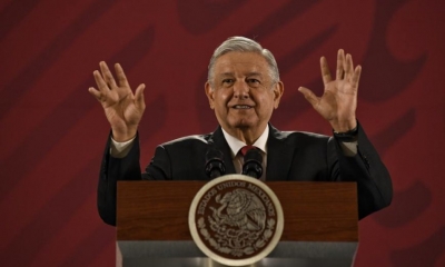 El presidente López Obrador en su conferencia de prensa en Palacio Nacional.