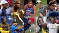 Arriba: Tiger Woods, Floyd Mayweather Jr, Kevin Durant, Rory McIlroy, Roger Federer, Abajo: LeBron James, Mahendra SD, Phil Mickelson, Usain Bolt y Cristiano Ronaldo.