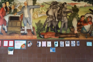 George Washington señala el camino hacia el Oeste a un grupo de colonos armados. Fragmento de uno de los murales de Víctor Arnaútov.