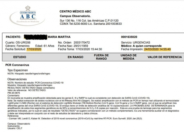 Resultado de prueba de SaRS-Сo-V del hospital ABC que la familia de María Martha recibió después de su fallecimiento