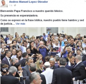 AMLO da bienvenida al Papa a través de Facebook