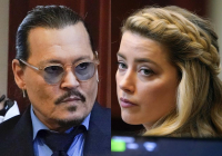 Esta combinación de dos fotos separadas muestra a los actores Johnny Depp, a la izquierda, y Amber Heard en la sala del tribunal para los argumentos finales en el juzgado de circuito del condado de Fairfax en Fairfax, Virginia, el viernes 27 de mayo de 2022. Depp está demandando a Heard después de que ella escribió un artículo de opinión en The Washington Post en 2018 refiriéndose a sí misma como una "figura pública que representa el abuso doméstico".