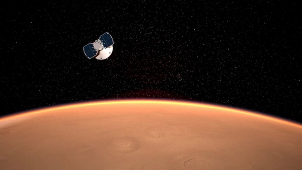 Un concepto artístico del Insight acercándose a Marte.