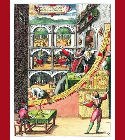 En este cuadrante mural, Tycho Brahe aparece en el centro señalando hacia el cielo. También hay empleados del observatorio midiendo la posición de una estrella: uno la ve por una pequeña ventana (arriba, der.), otro registra el momento en que la ve (abajo, der.) mientras que otro (abajo, izq.) apunta los datos del evento.