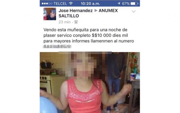 Intenta vender en Facebook a niña en Coahuila