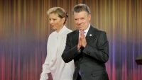 Juan Manuel Santos junto a su esposa, María Clemencia Rodríguez, este viernes en la Casa de Nariño de Bogotá