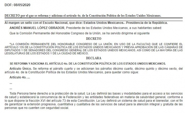 El decreto sobre la protección a la salud. Imagen tomada del sitio https://www.dof.gob.mx/