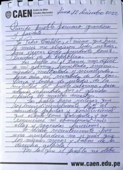 Pedro Castillo llama "usurpadora" a la nueva presidenta de Perú: "Los mismos mocos de la derecha golpista"