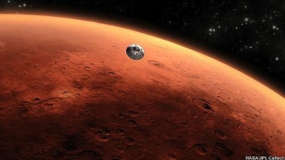 Ilustración del aterrizaje del Curiosity sobre Marte