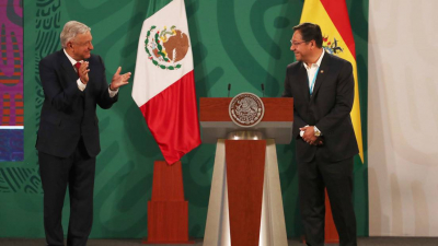 Los presidentes de México, Andrés Manuel López Obrador, y Bolivia, Luis Arce, en conferencia de prensa, ciudad de México, 25 de marzo de 2021