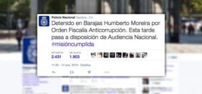 El mensaje de la detención de Moreira en la cuenta de Twitter de la policía de España.