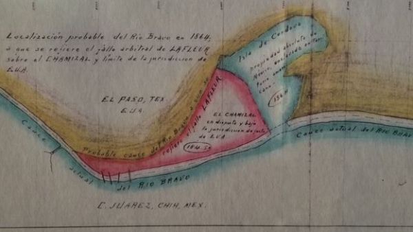 Documentos históricos de la disputa muestran en color rojo el área de El Chamizal que pasó en territorio de EE.UU. 