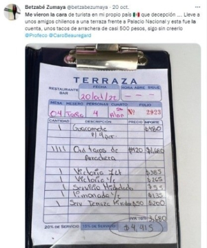 La denunciante señaló que cada orden de tacos le costó casi 500 pesos y que nunca le dejaron ver el menú.