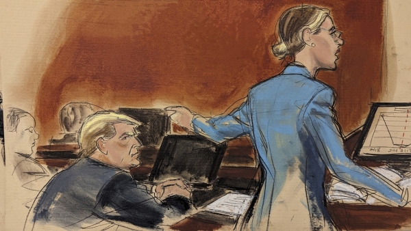 Boceto de la sala del tribunal muestra a la abogada Alina Habba y a su cliente, el expresidente Donald Trump, el 26 de enero de 2024, en Nueva York.