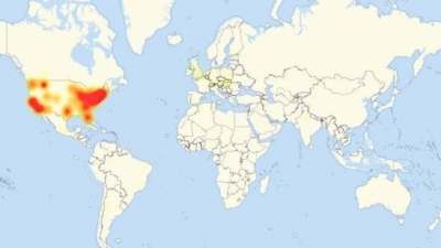 Mapa con los puntos del planeta con problemas, según la web especializada Downdetector