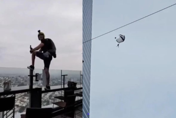 Hombre se lanza en paracaídas desde el piso 42 del Hotel Riu en Guadalajara