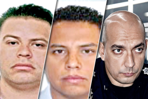 Cesar Iván Briseño (izq. a der.), ex policía investigador y de GDL; Armando Gómez Núñez, alias "Máximo" o "Delta 1" del CJNG; y Juan Pablo Hernández, Comisario de GDL.