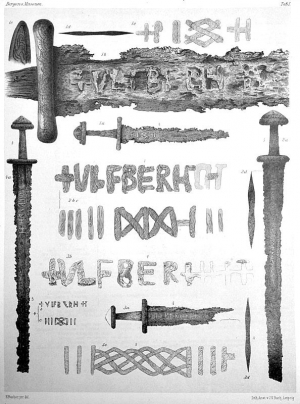 Cuatro espadas Ulfberht halladas en Noruega (dibujos de Lorange, 1889).