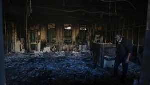 Así quedó el puesto de control de seguridad en la embajada de EE.UU. en Bagdad (Irak).