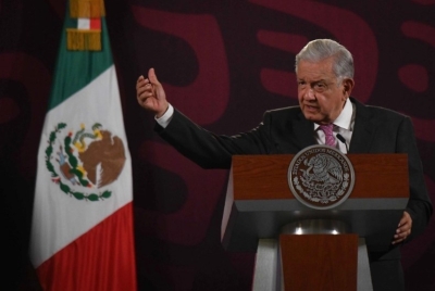 El presidente López Obrador, durante su conferencia de este martes 14 de mayo, desde Palacio Nacional.